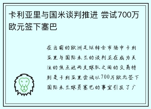 卡利亚里与国米谈判推进 尝试700万欧元签下塞巴