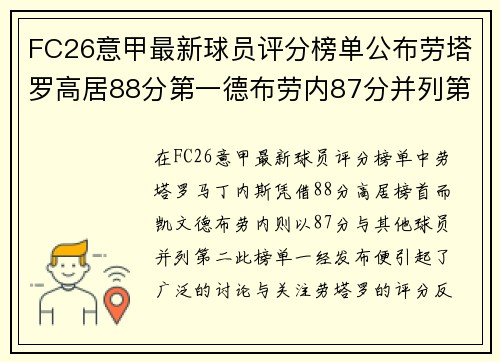 FC26意甲最新球员评分榜单公布劳塔罗高居88分第一德布劳内87分并列第二